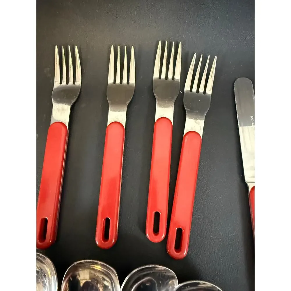 Vintage MCM Red Melanine Handle YAX Flatware Utensil Set
